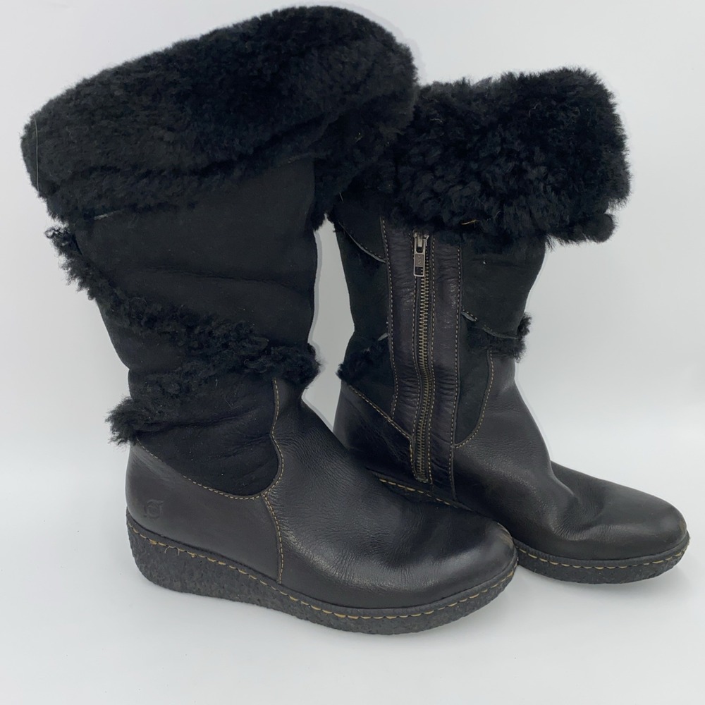 Women's 8/40 Black Born Boots Sherpa Genuine Shearling Leather Wedge Spring Boho